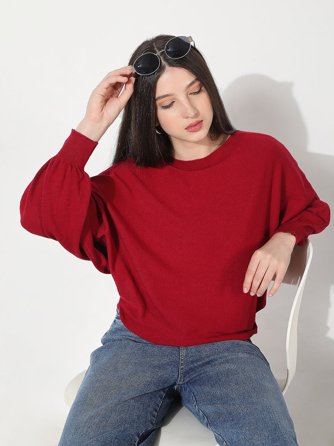Women's Knitted Red Oversized Pullover Top