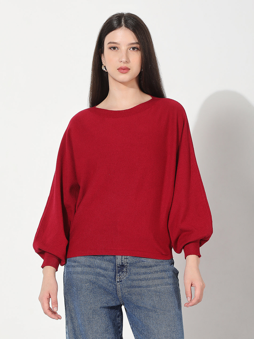 Women's Knitted Red Oversized Pullover Top