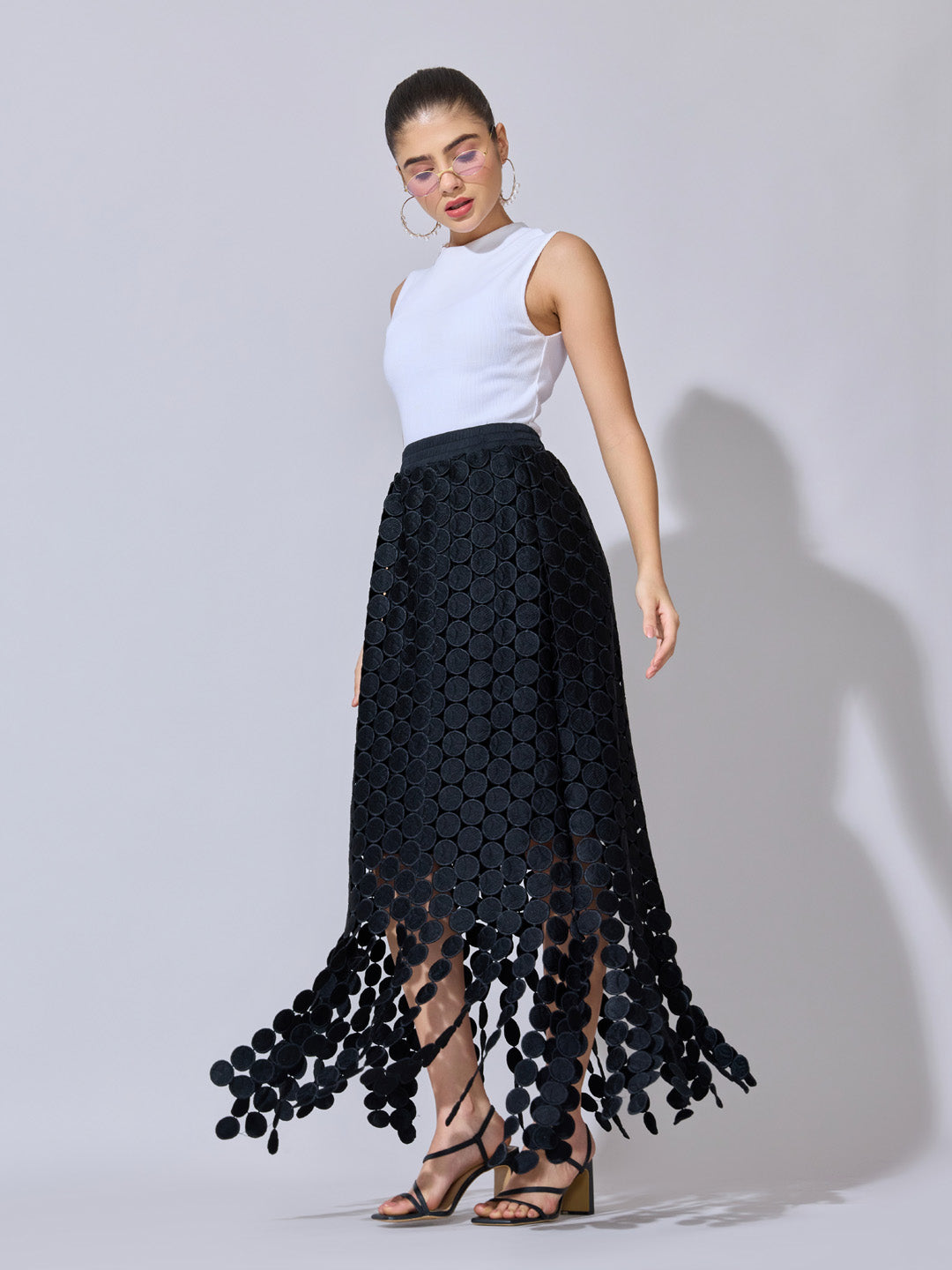 Women's Textured Black Maxi Skirt with Circular Fringe