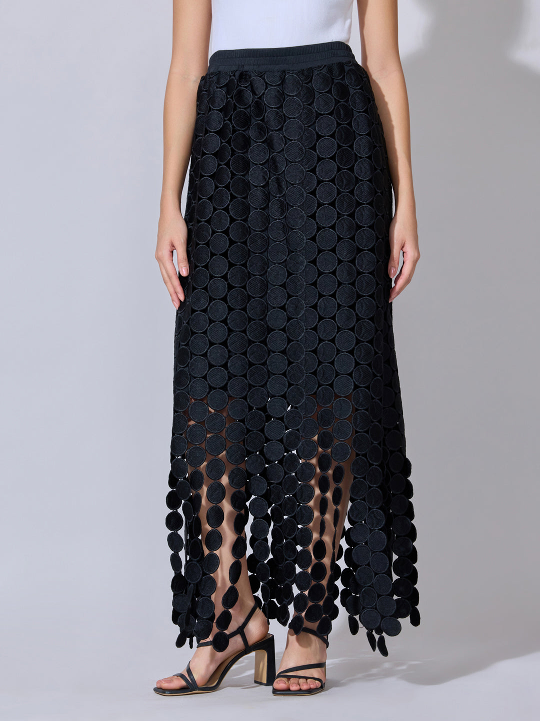 Women's Textured Black Maxi Skirt with Circular Fringe