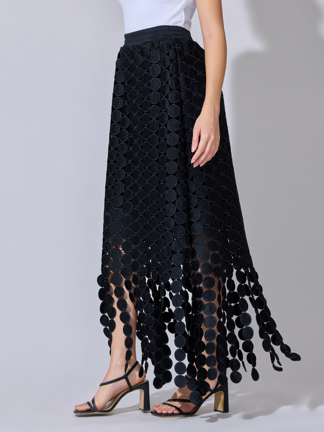 Women's Textured Black Maxi Skirt with Circular Fringe