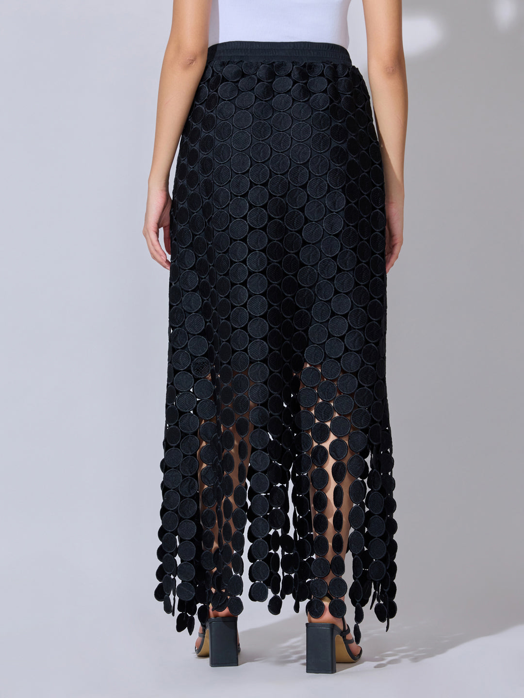 Women's Textured Black Maxi Skirt with Circular Fringe