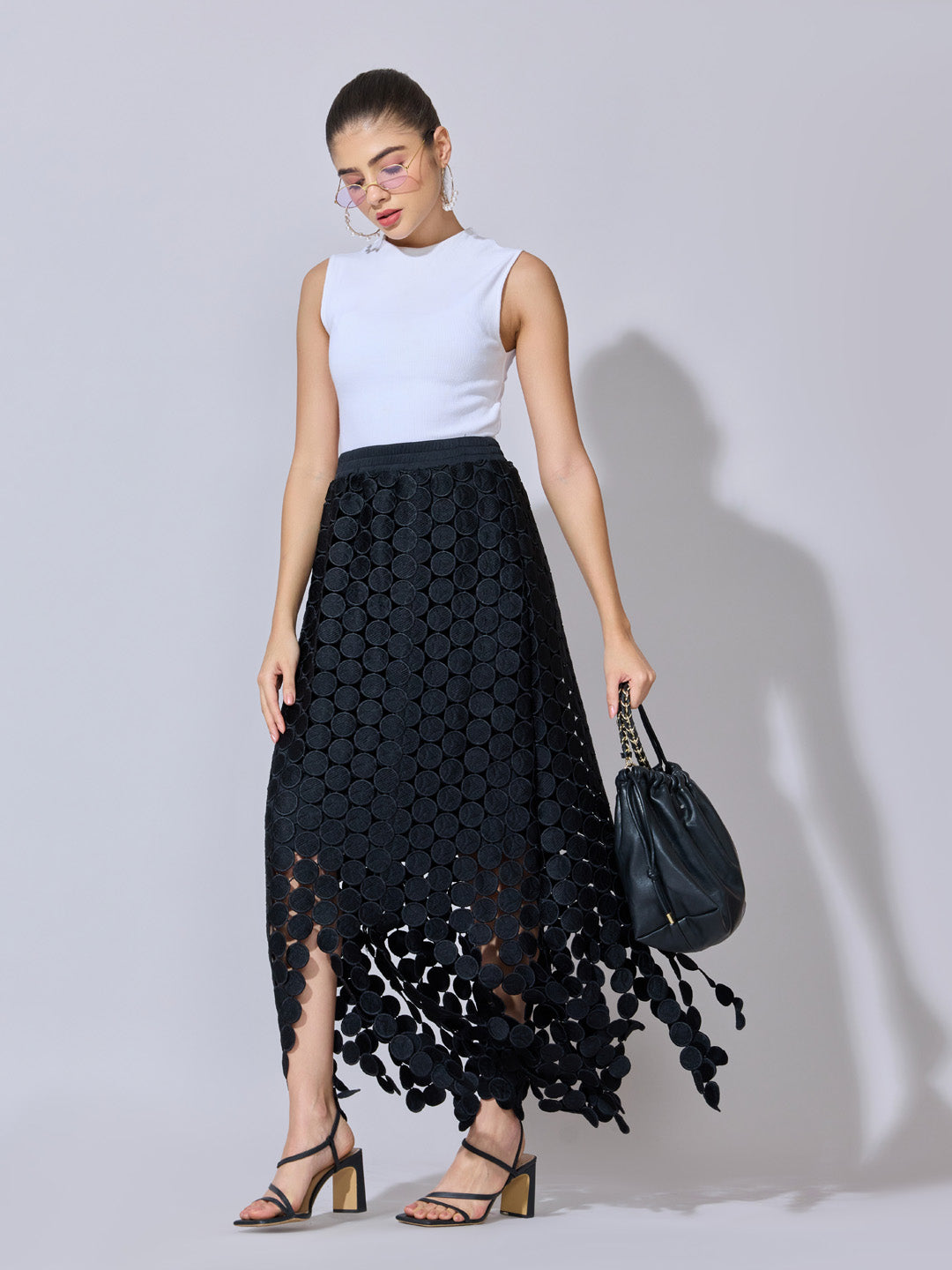 Women's Textured Black Maxi Skirt with Circular Fringe