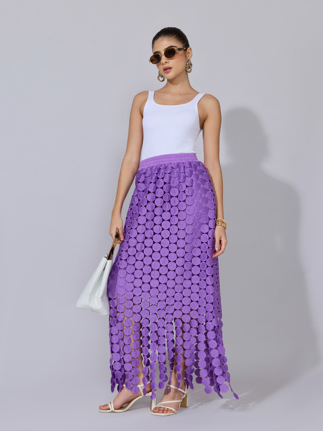 Women's Textured Purple Maxi Skirt with Circular Fringe