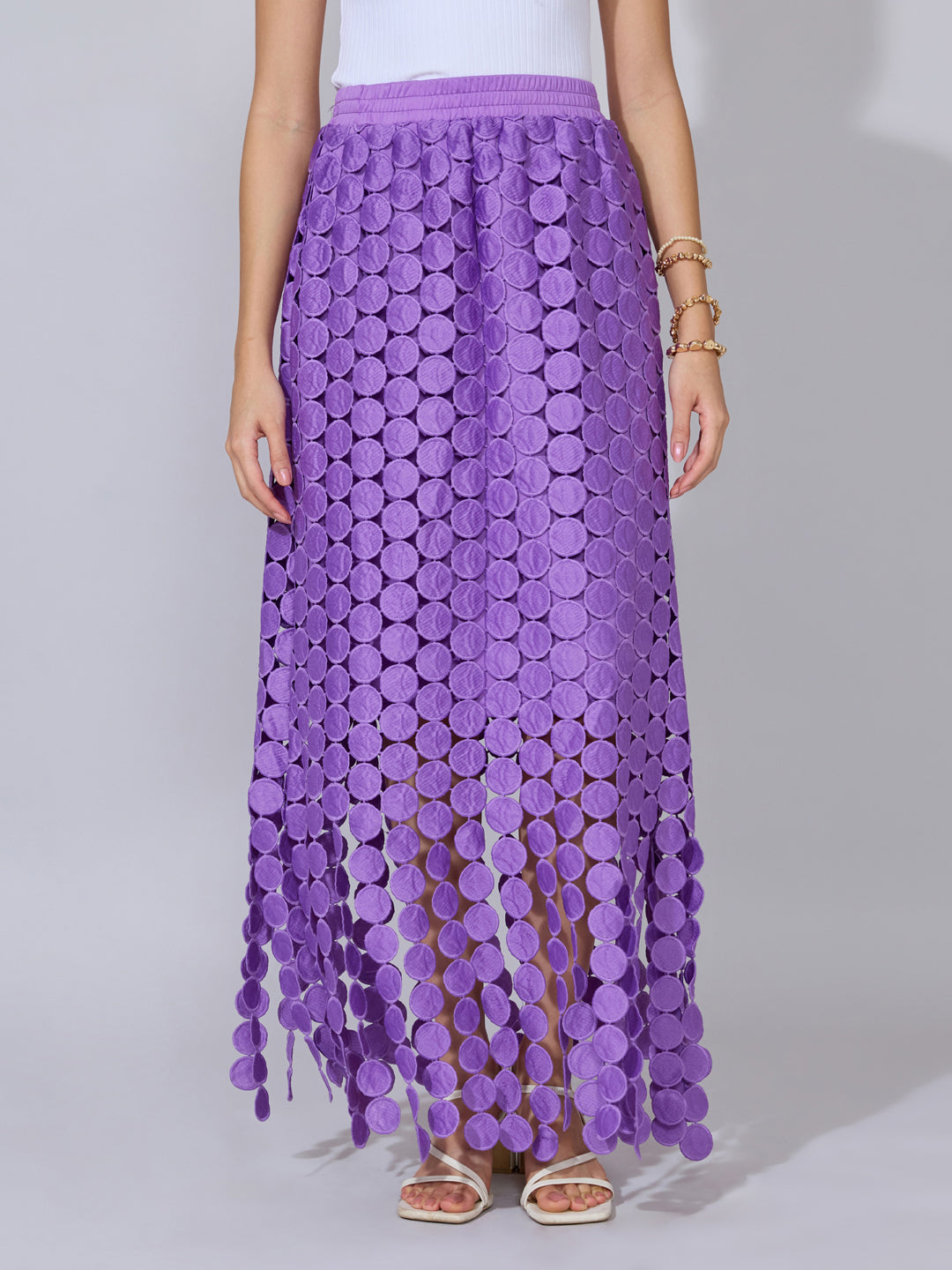 Women's Textured Purple Maxi Skirt with Circular Fringe