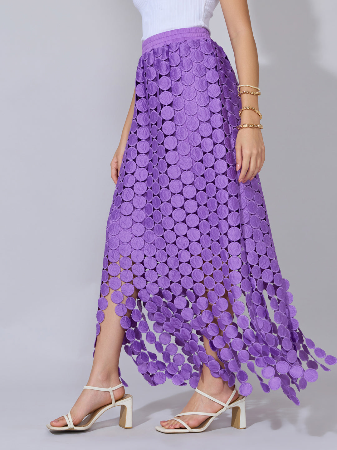 Women's Textured Purple Maxi Skirt with Circular Fringe