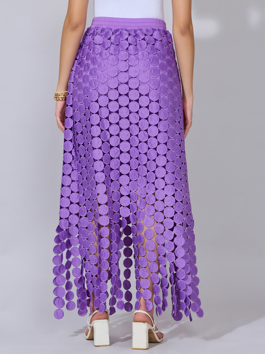 Women's Textured Purple Maxi Skirt with Circular Fringe