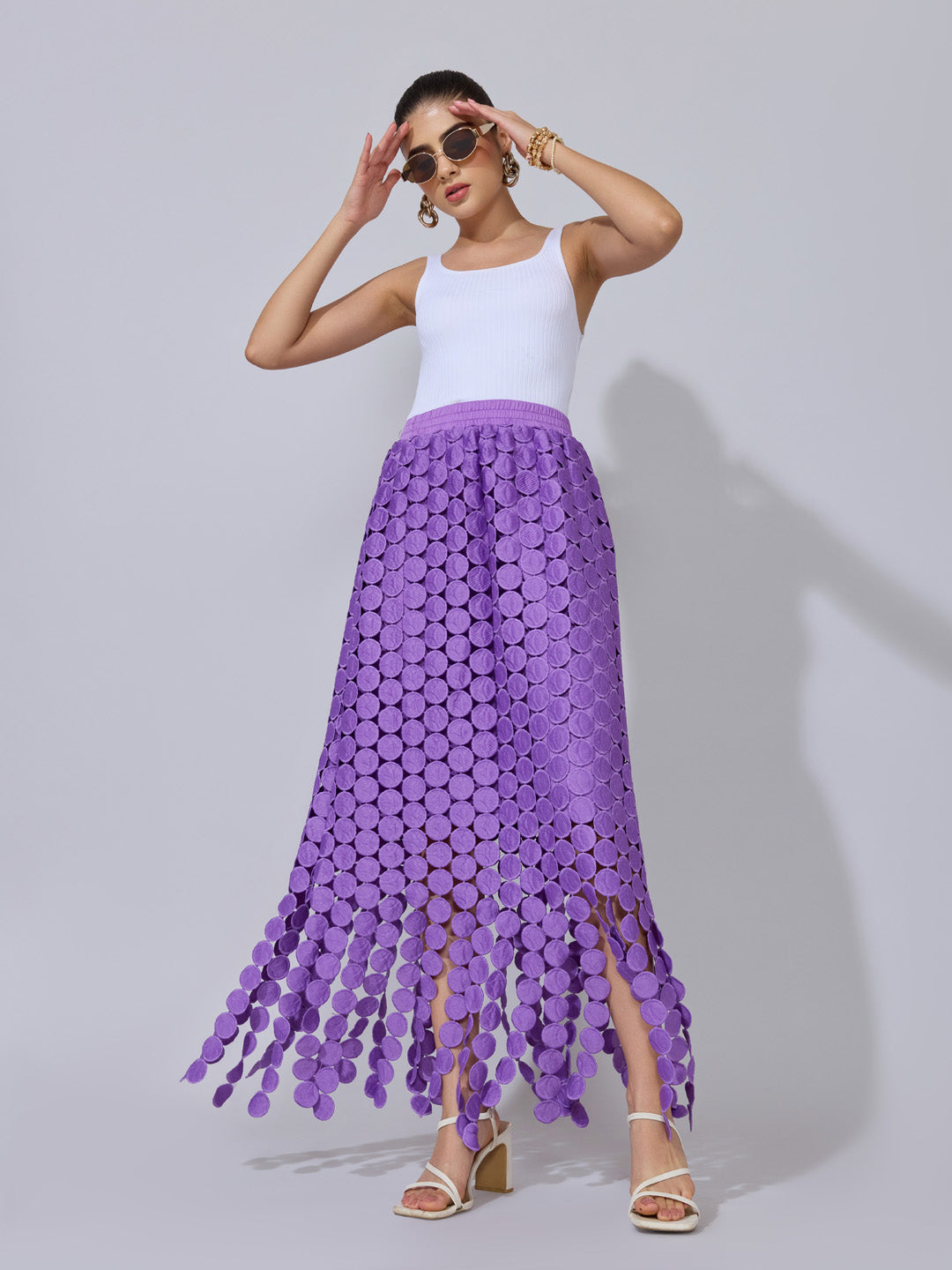 Women's Textured Purple Maxi Skirt with Circular Fringe
