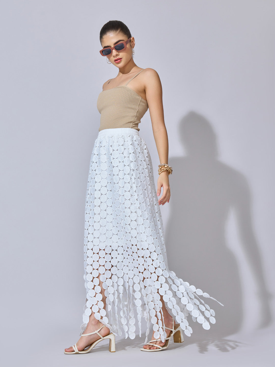 Women's Textured White Maxi Skirt with Circular Fringe