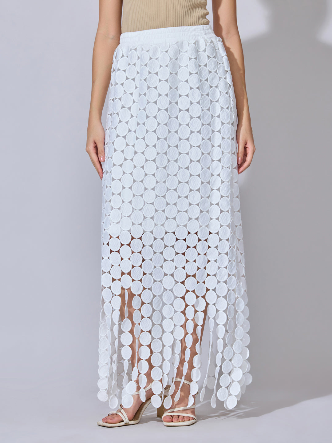Women's Textured White Maxi Skirt with Circular Fringe