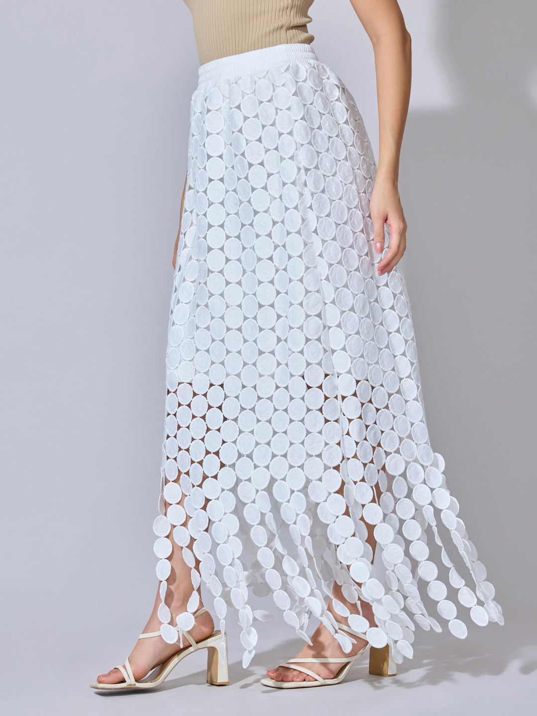 Women's Textured White Maxi Skirt with Circular Fringe