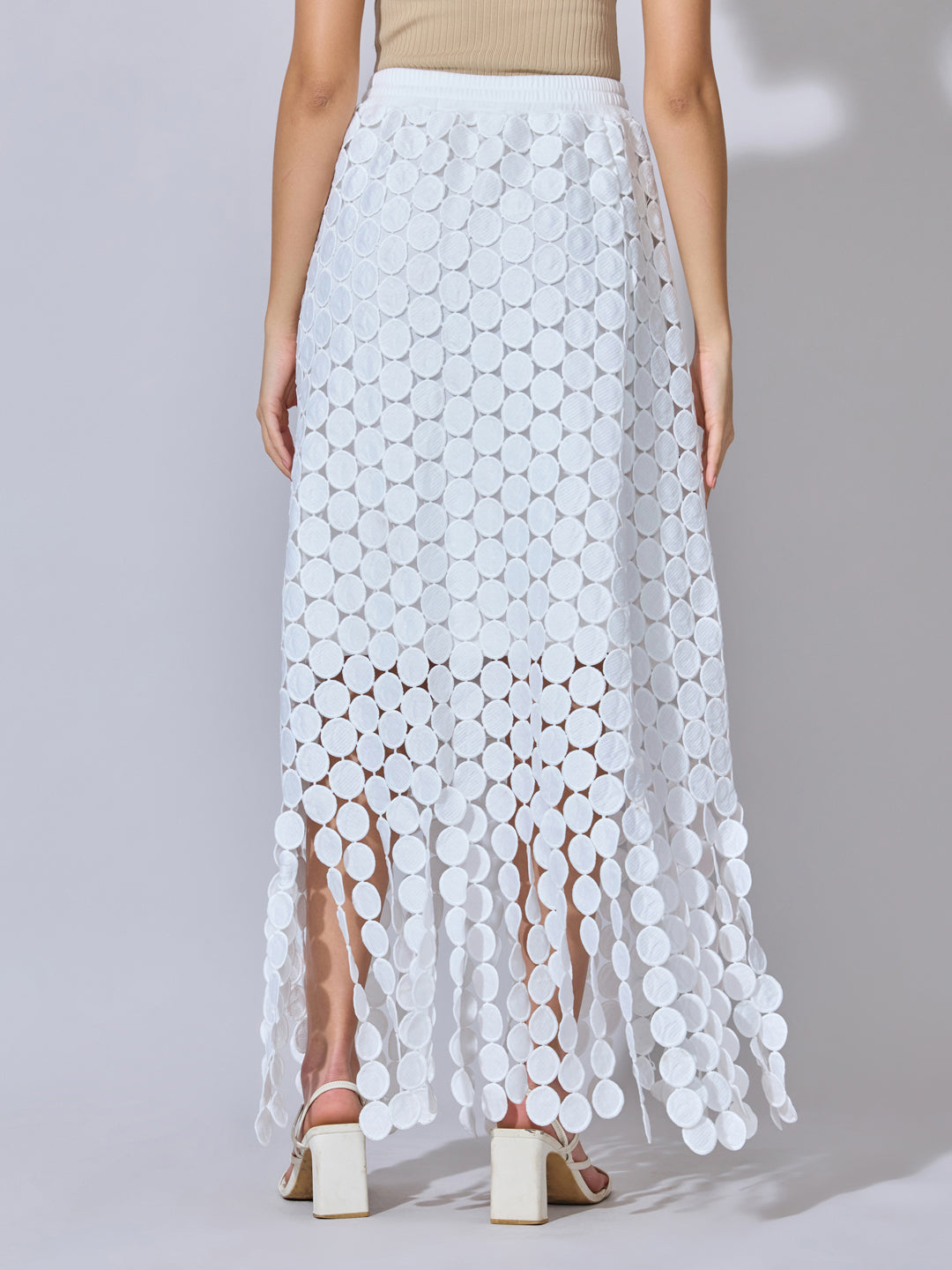 Women's Textured White Maxi Skirt with Circular Fringe