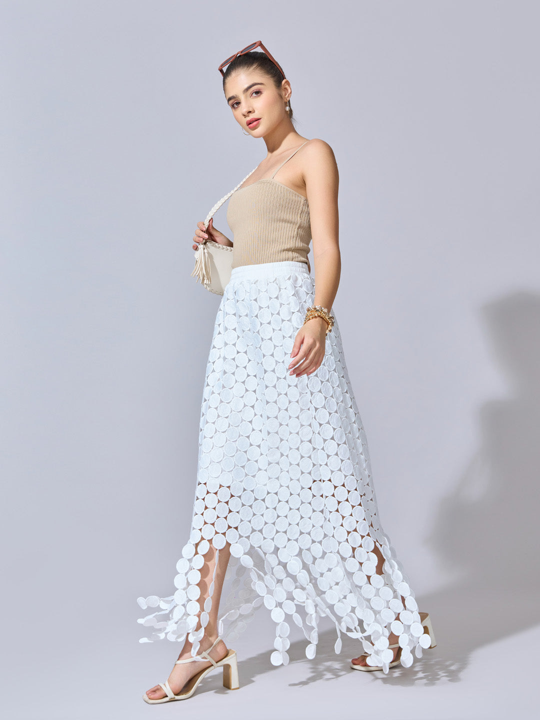 Women's Textured White Maxi Skirt with Circular Fringe
