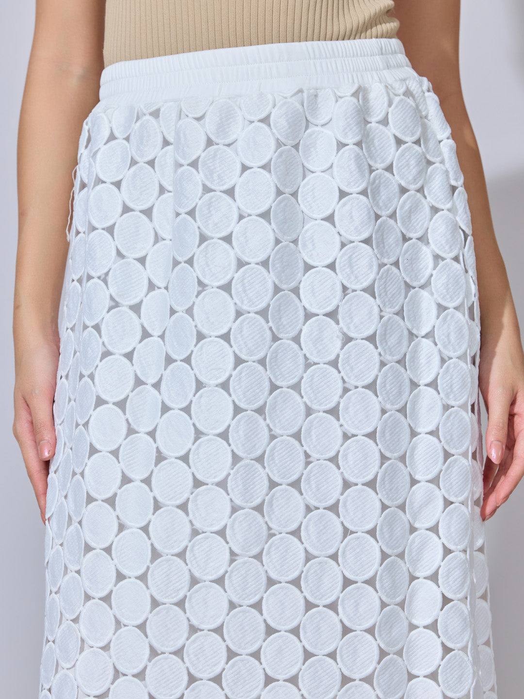 Women's Textured White Maxi Skirt with Circular Fringe