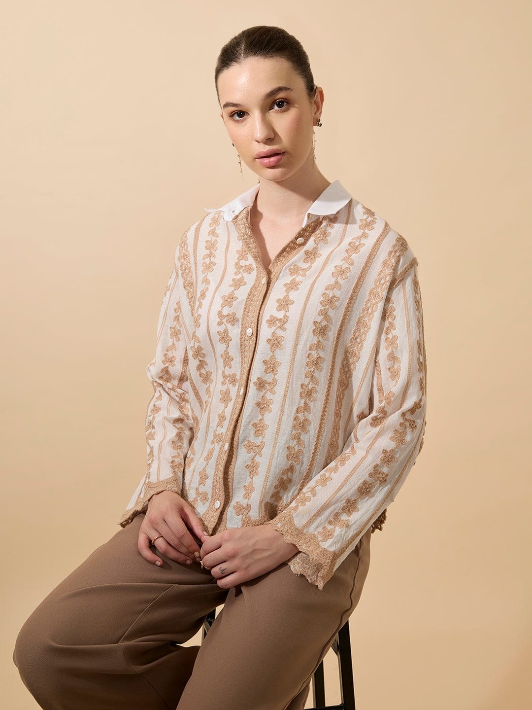 Women's Embroidered Beige Full Sleeves Shirt with Lace Detail
