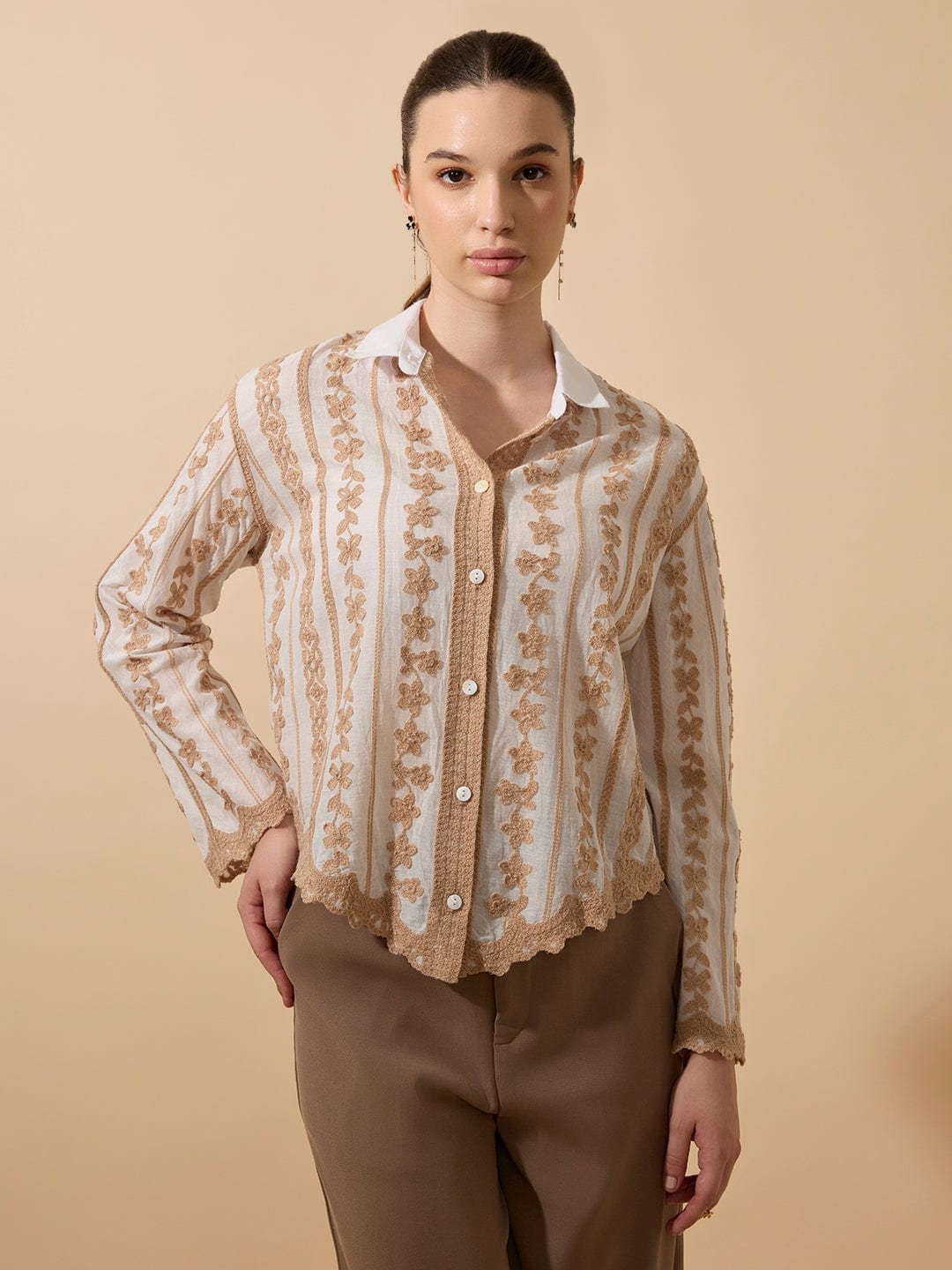 Women's Embroidered Beige Full Sleeves Shirt with Lace Detail