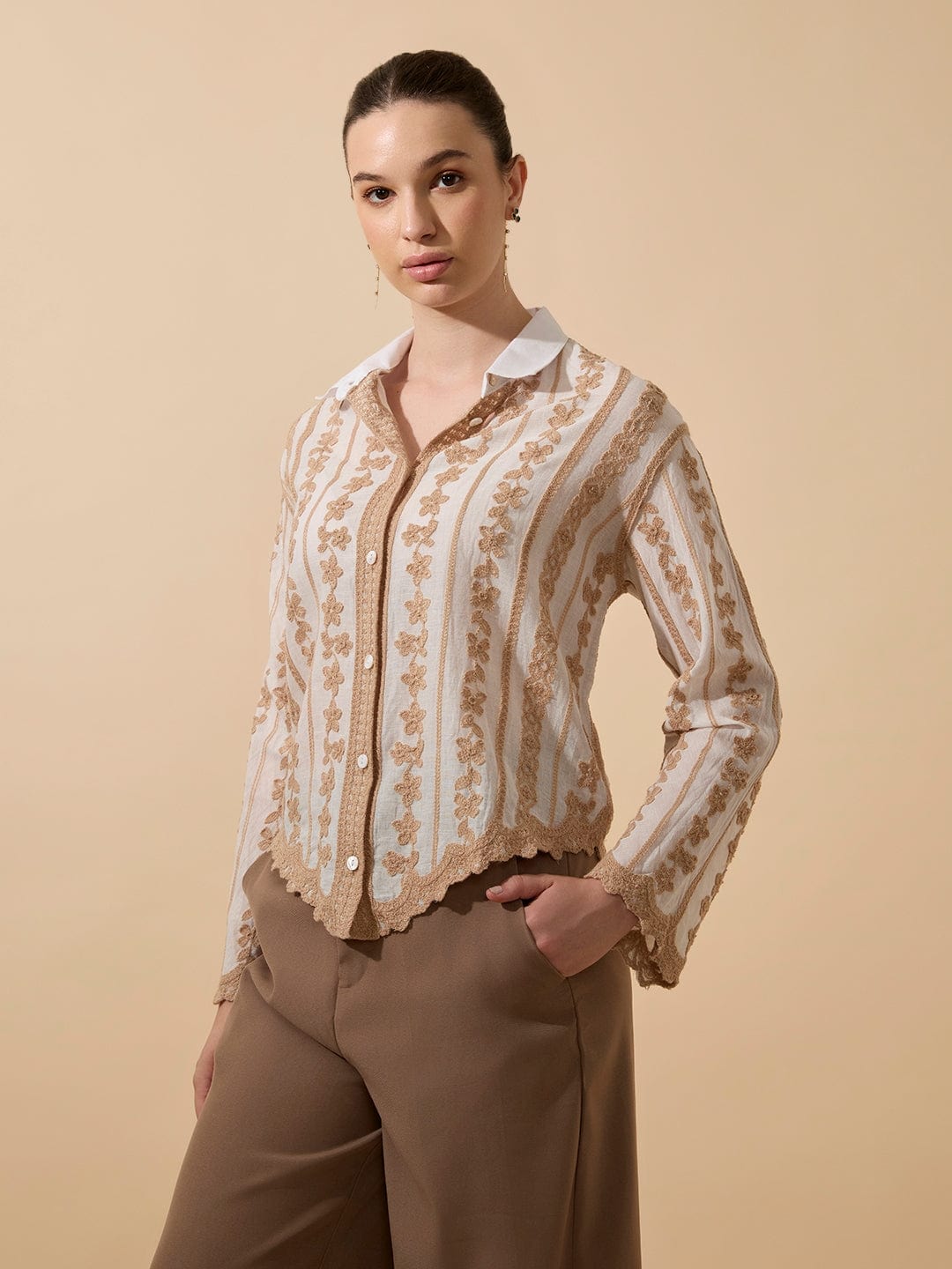 Women's Embroidered Beige Full Sleeves Shirt with Lace Detail