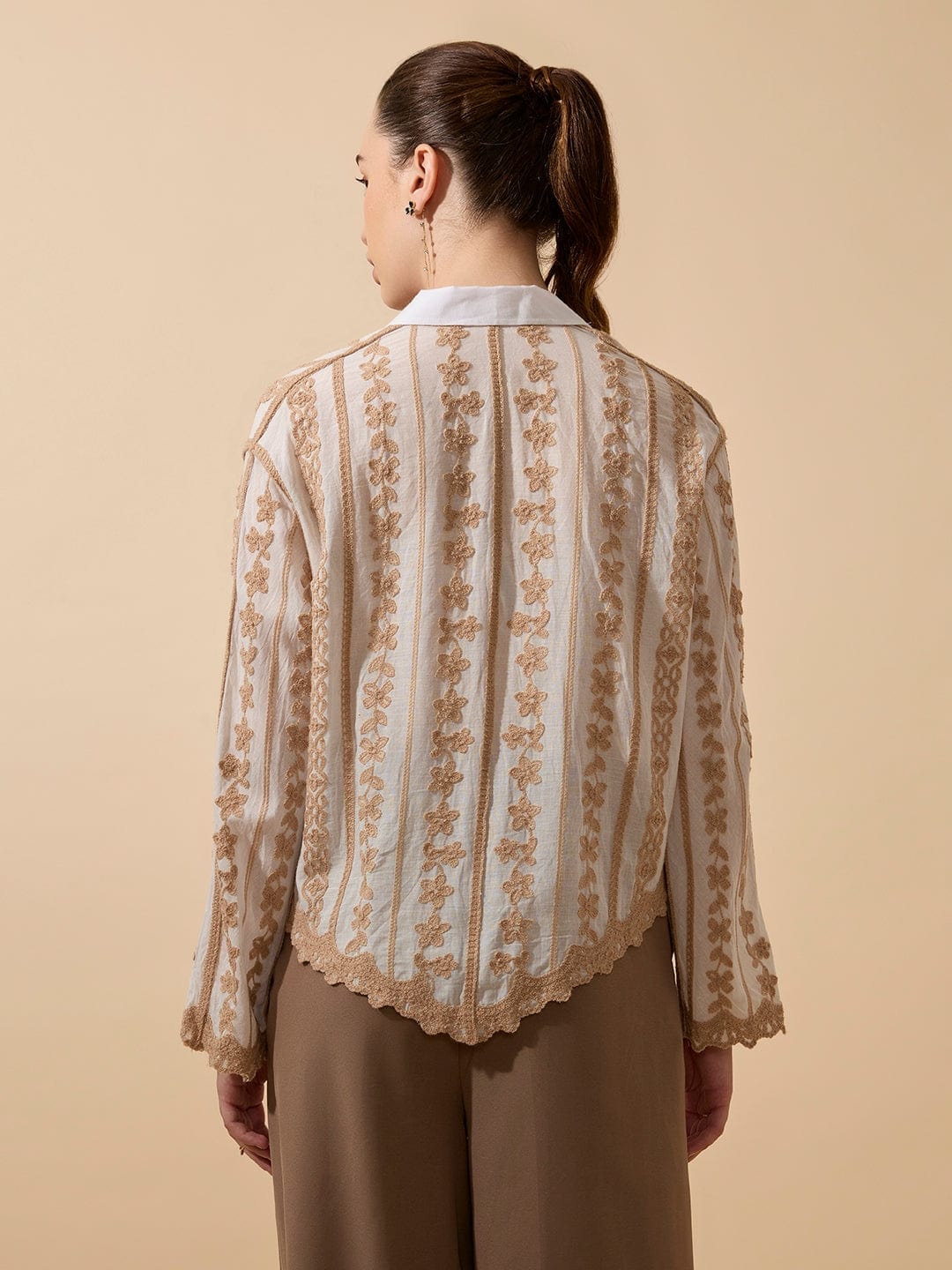 Women's Embroidered Beige Full Sleeves Shirt with Lace Detail