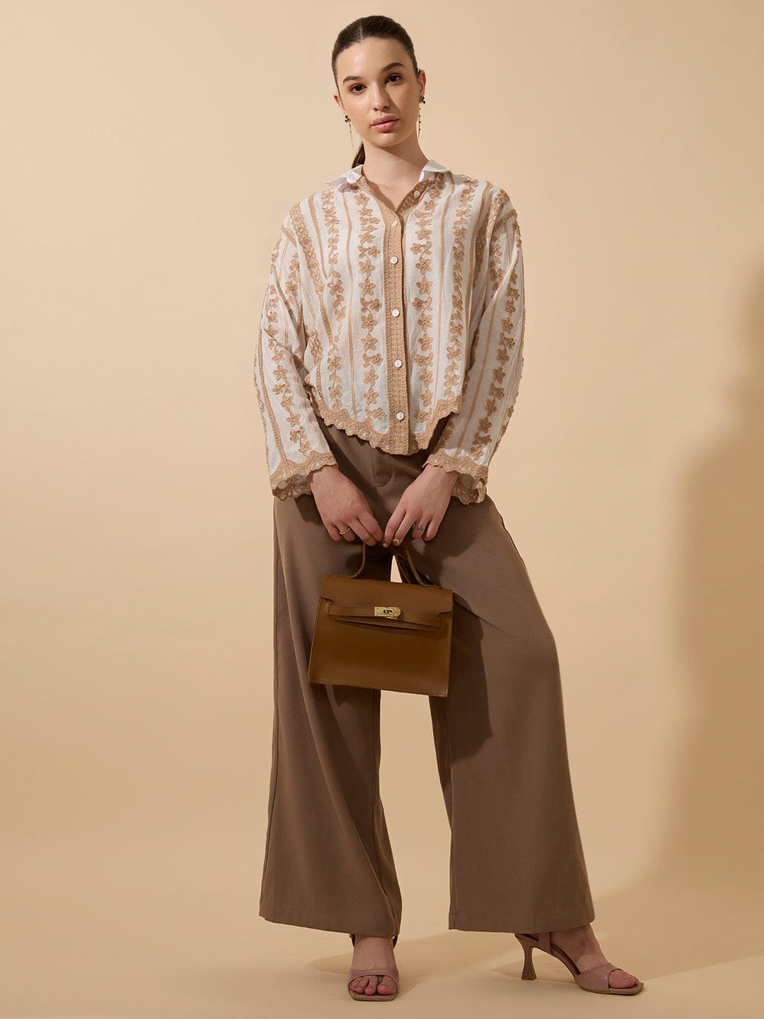 Women's Embroidered Beige Full Sleeves Shirt with Lace Detail