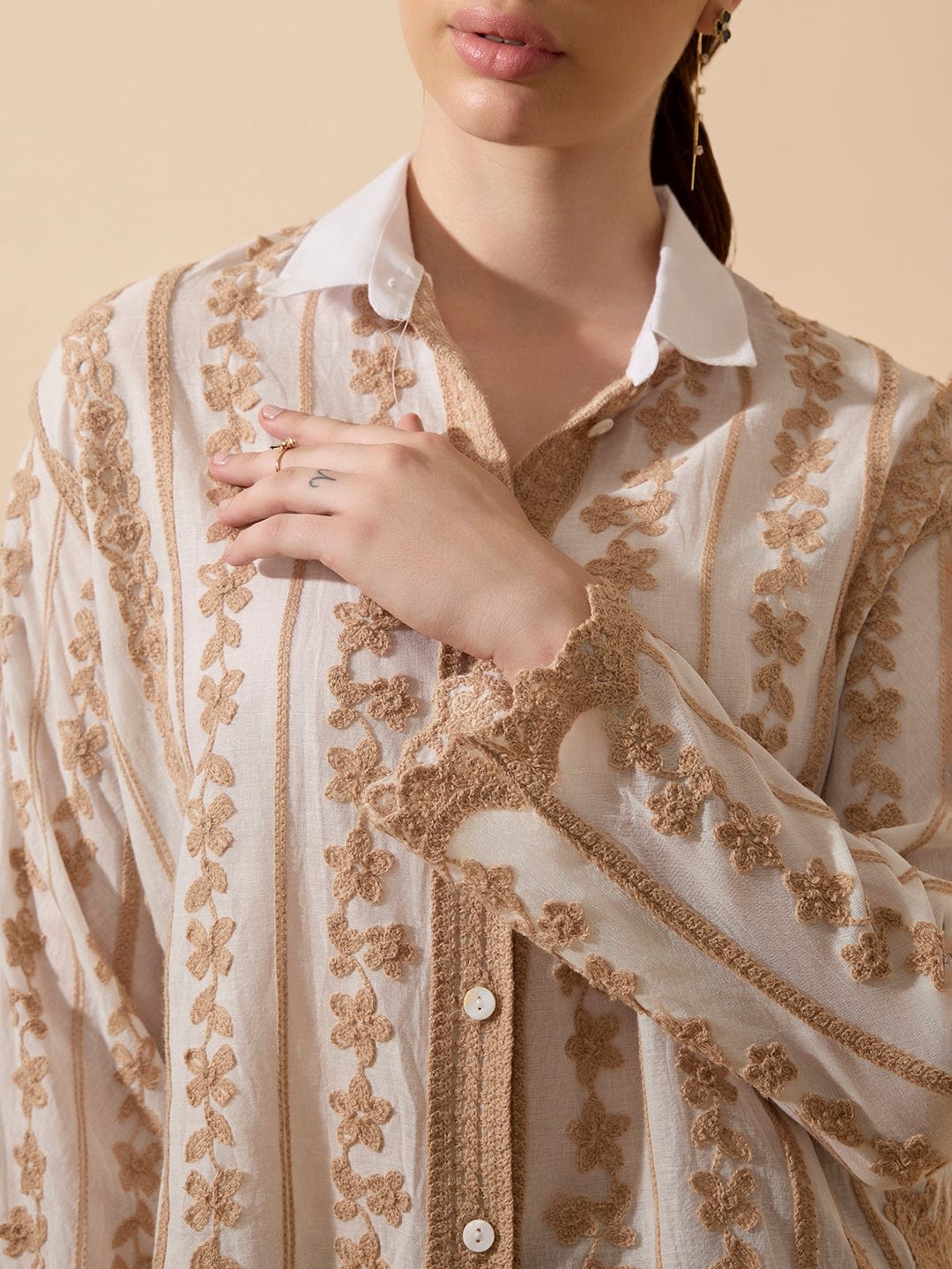 Women's Embroidered Beige Full Sleeves Shirt with Lace Detail