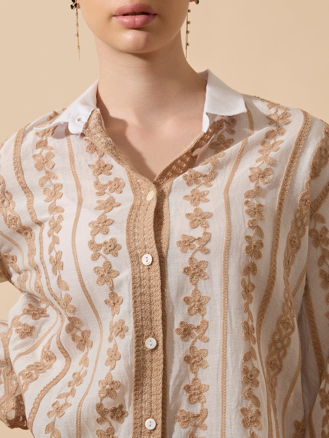 Women's Embroidered Beige Full Sleeves Shirt with Lace Detail