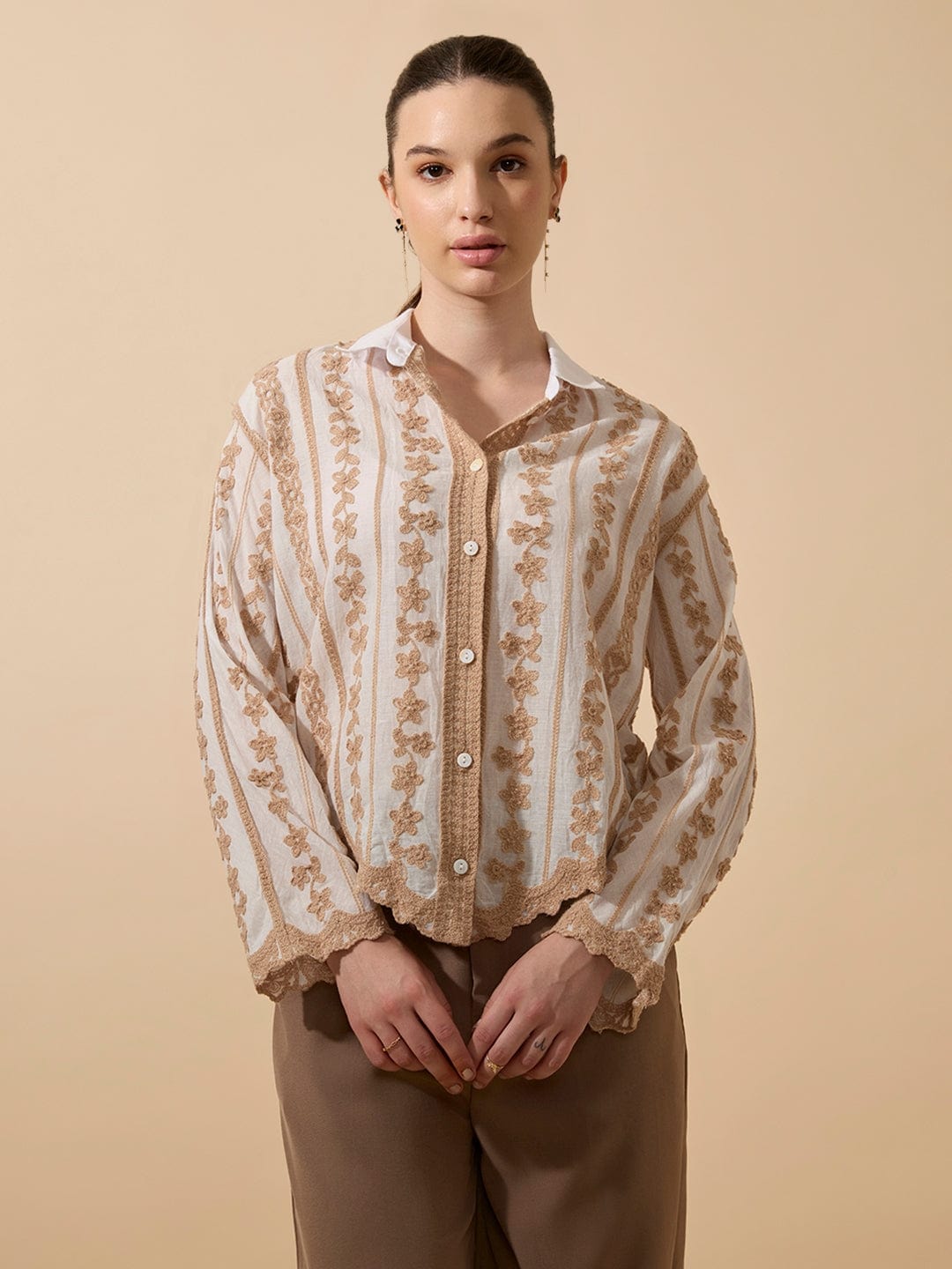 Women's Embroidered Beige Full Sleeves Shirt with Lace Detail