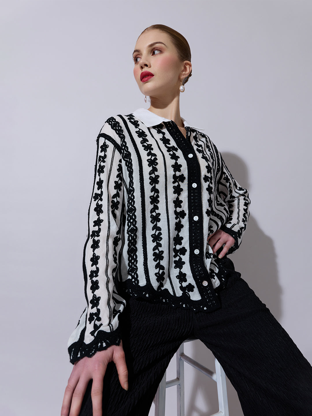 Women's Striped Black Floral Embroidered Shirt with Lace Detail