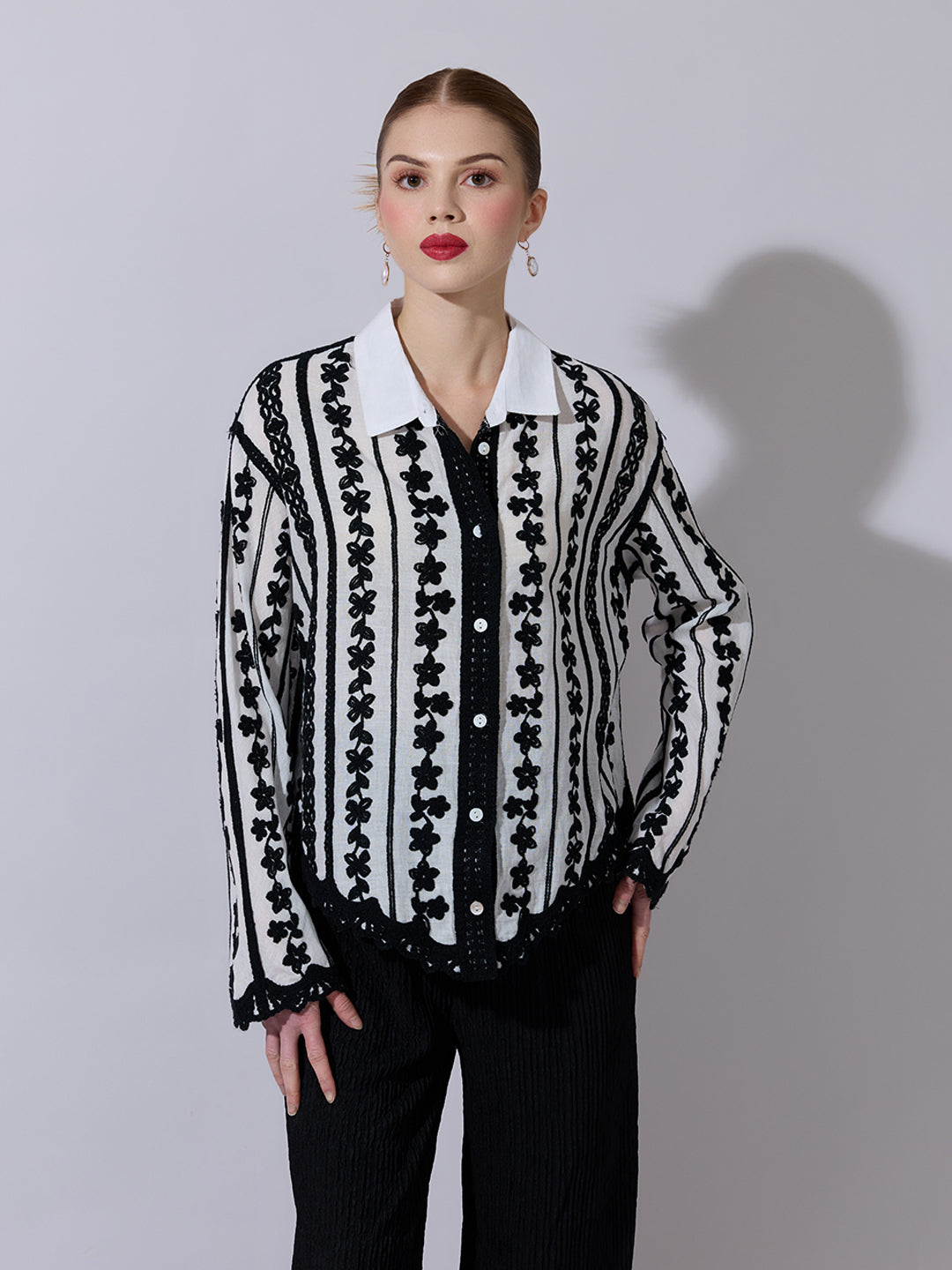 Women's Striped Black Floral Embroidered Shirt with Lace Detail