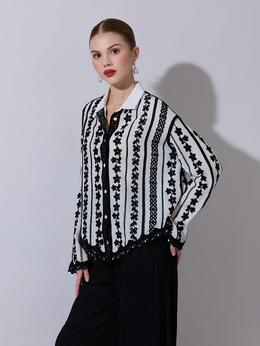 Women's Striped Black Floral Embroidered Shirt with Lace Detail