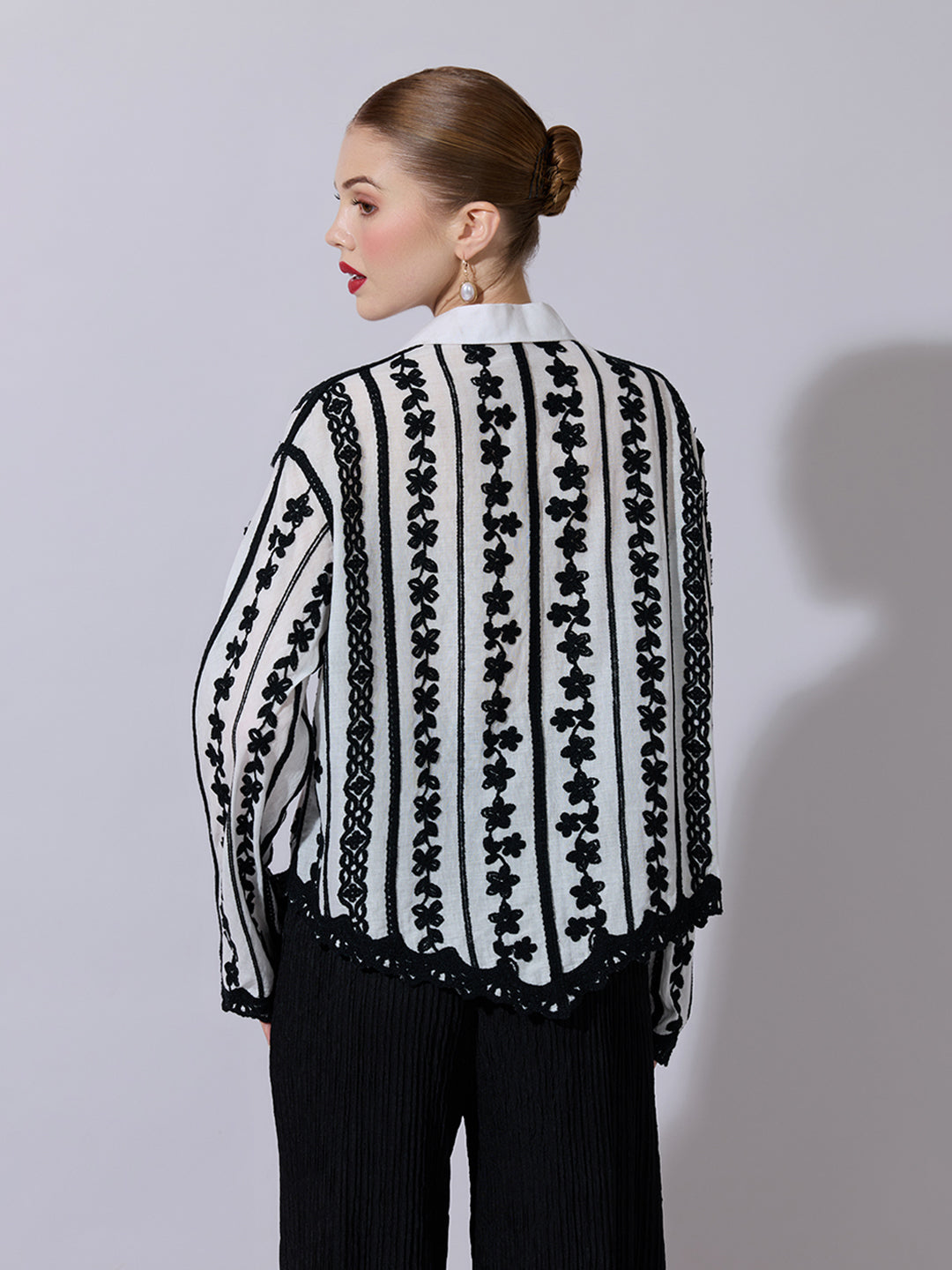 Women's Striped Black Floral Embroidered Shirt with Lace Detail