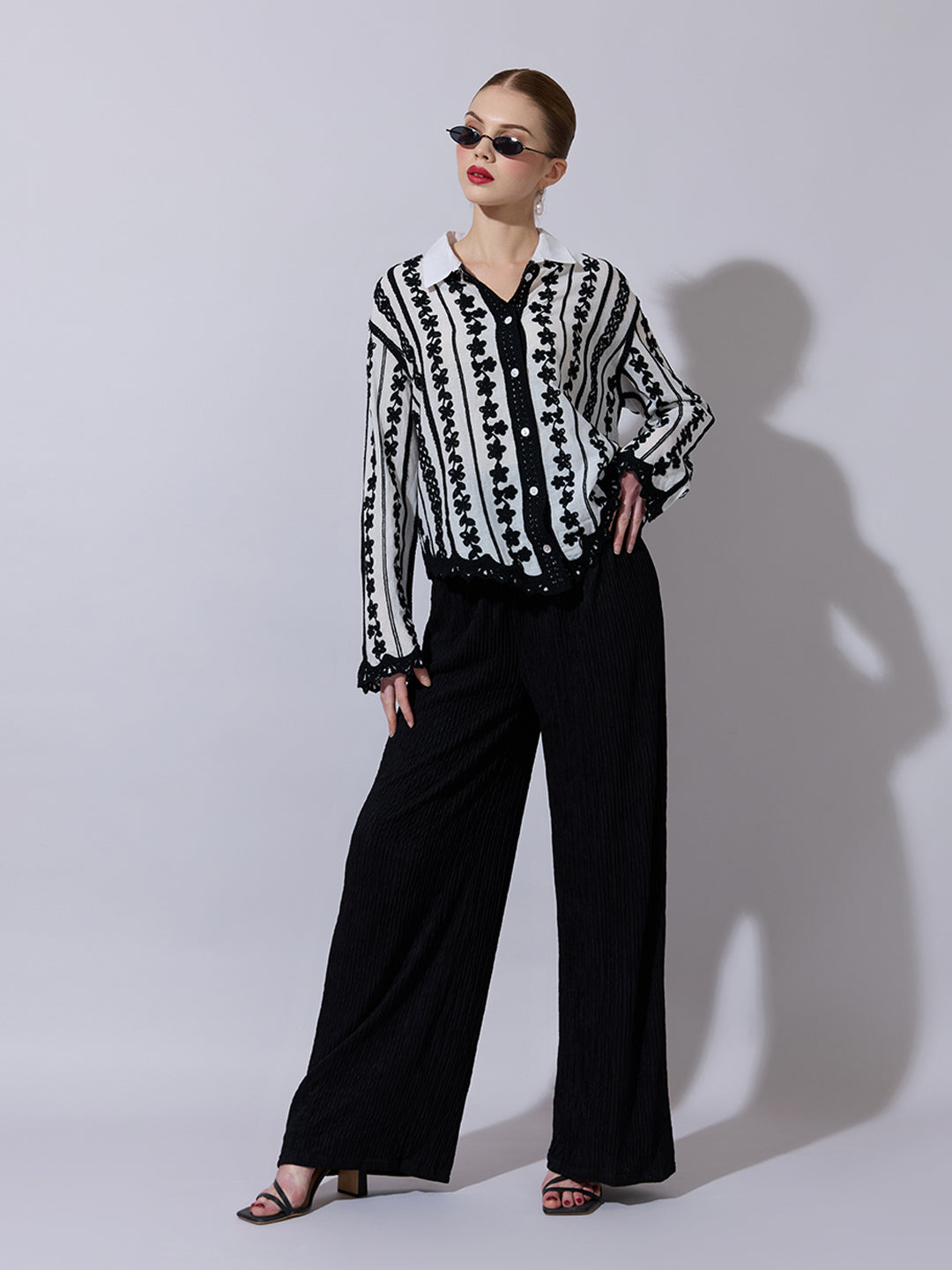 Women's Striped Black Floral Embroidered Shirt with Lace Detail
