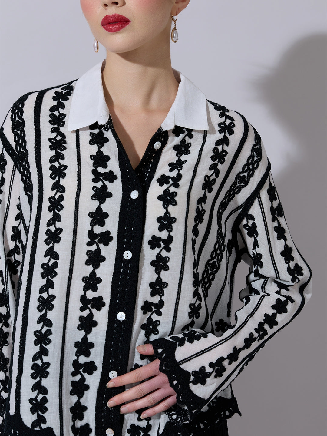 Women's Striped Black Floral Embroidered Shirt with Lace Detail