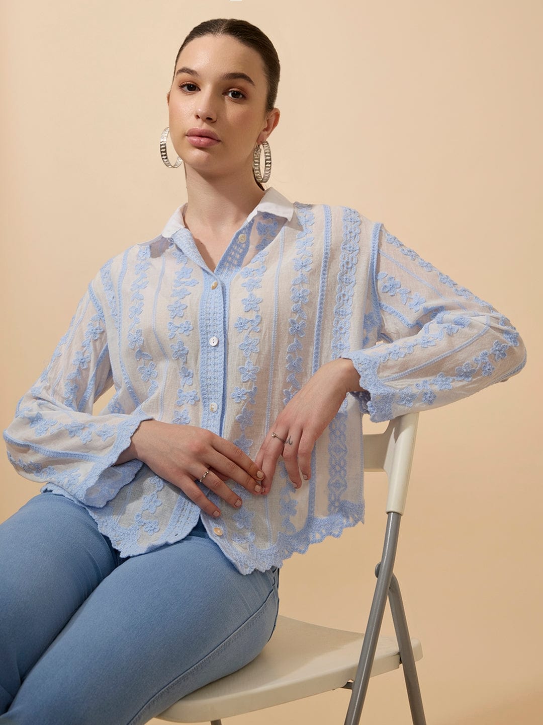 Women's Embroidered Beige Full Sleeves Shirt with Lace Detail