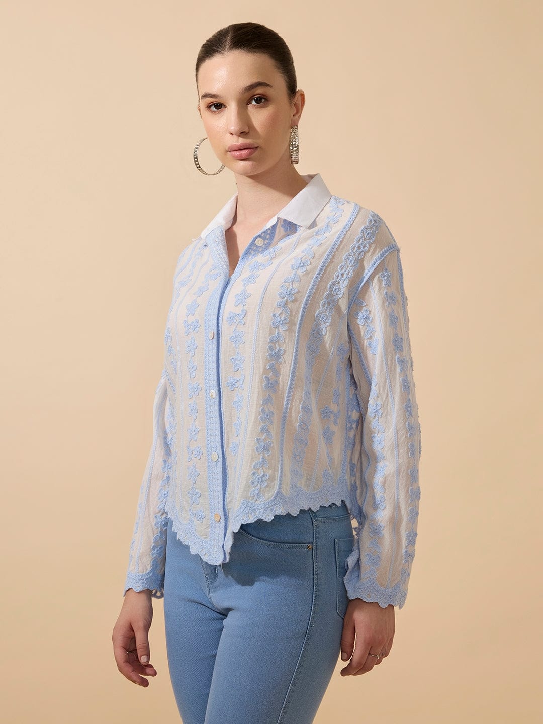 Women's Embroidered Beige Full Sleeves Shirt with Lace Detail