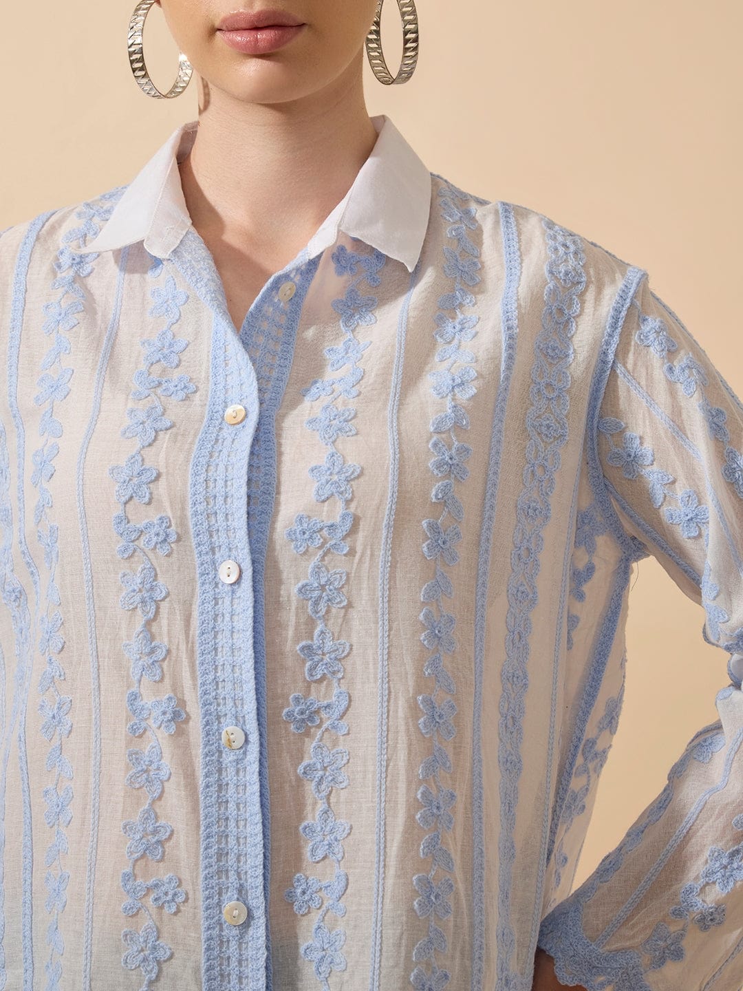 Women's Embroidered Beige Full Sleeves Shirt with Lace Detail