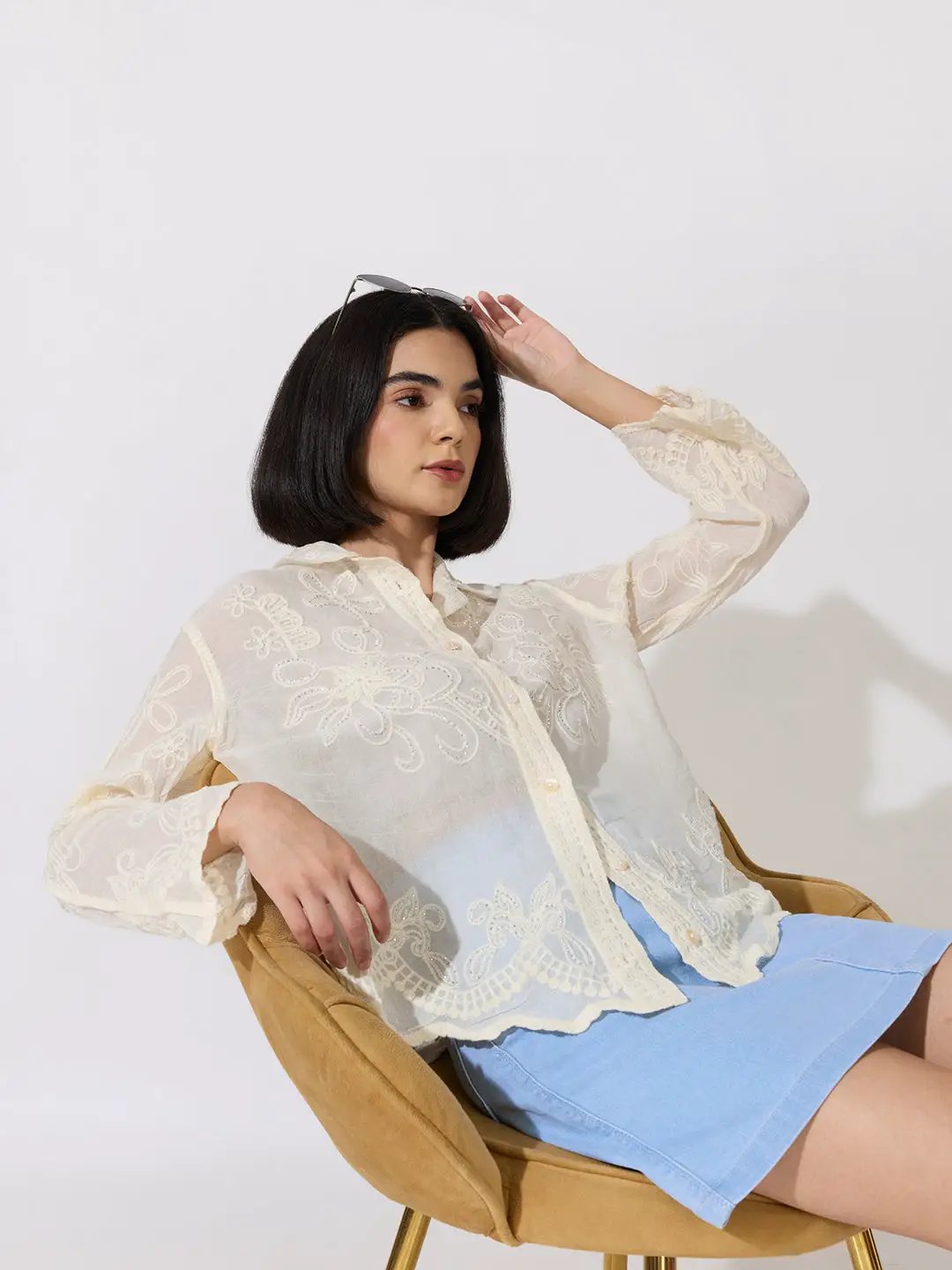 Women's Floral Embellished Cream Long Sleeve Shirt