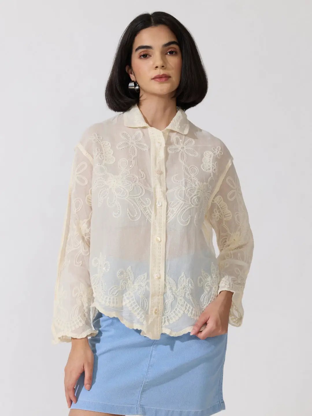 Women's Floral Embellished Cream Long Sleeve Shirt