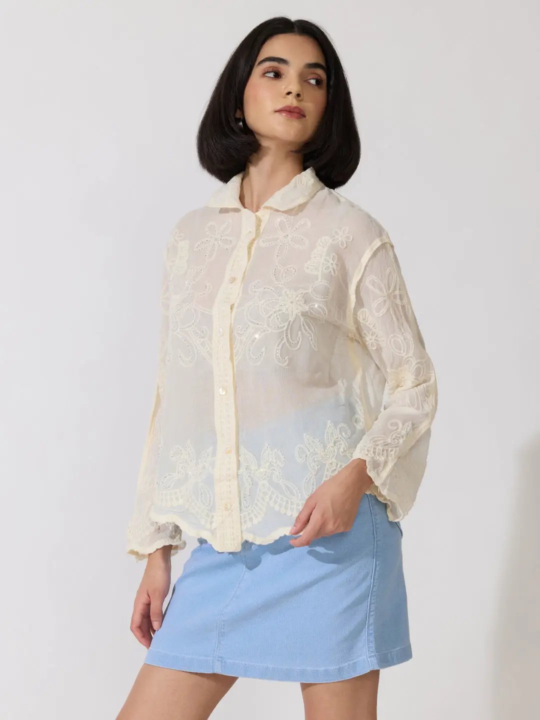 Women's Floral Embellished Cream Long Sleeve Shirt