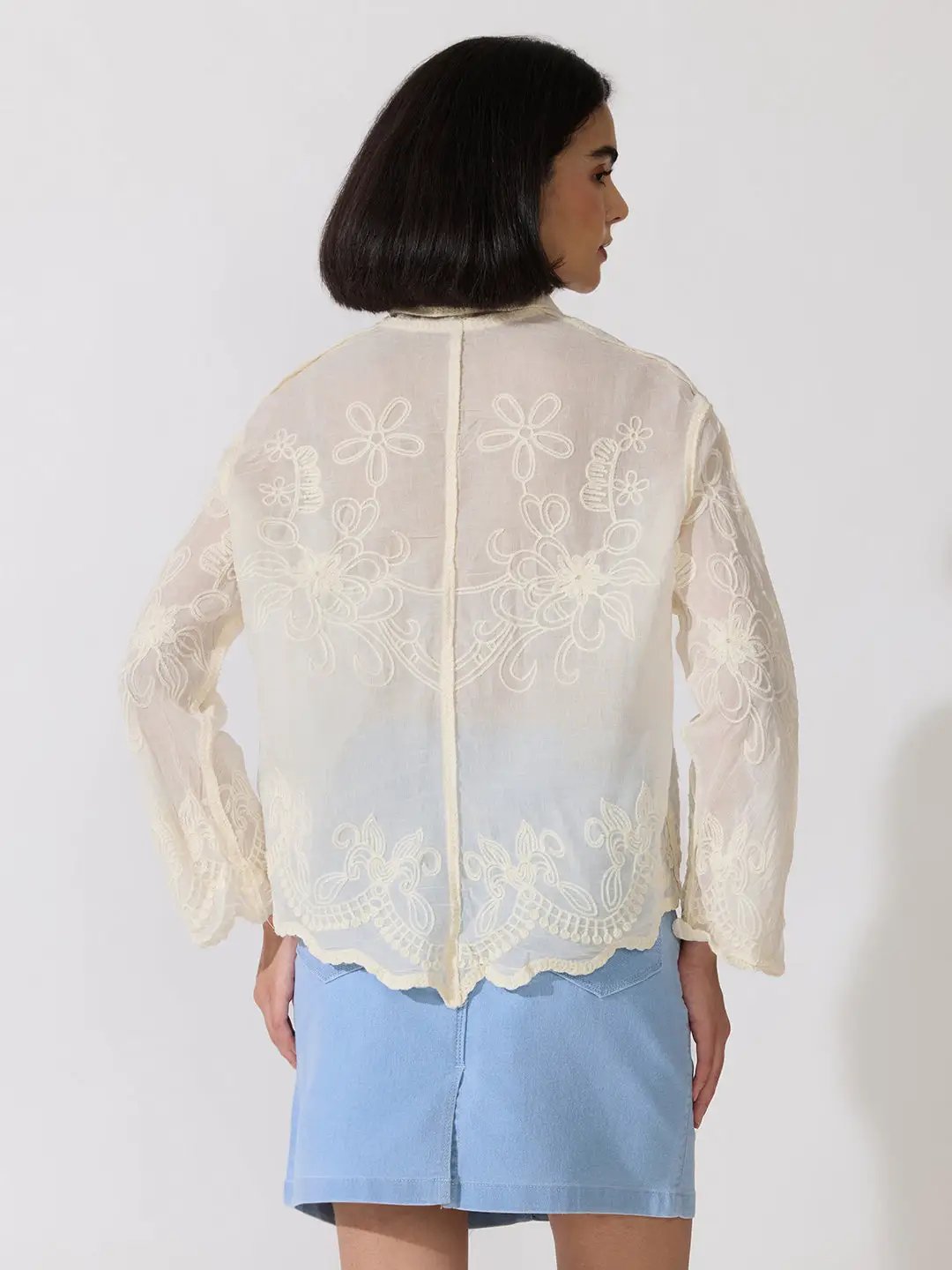 Women's Floral Embellished Cream Long Sleeve Shirt