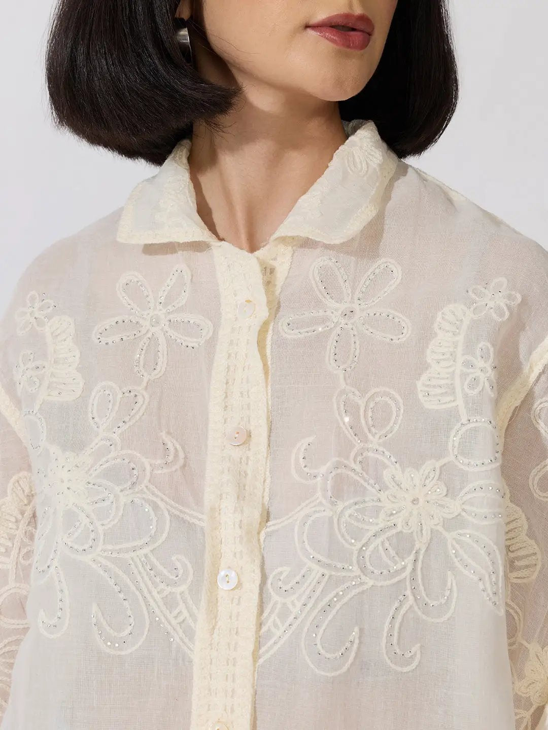 Women's Floral Embellished Cream Long Sleeve Shirt