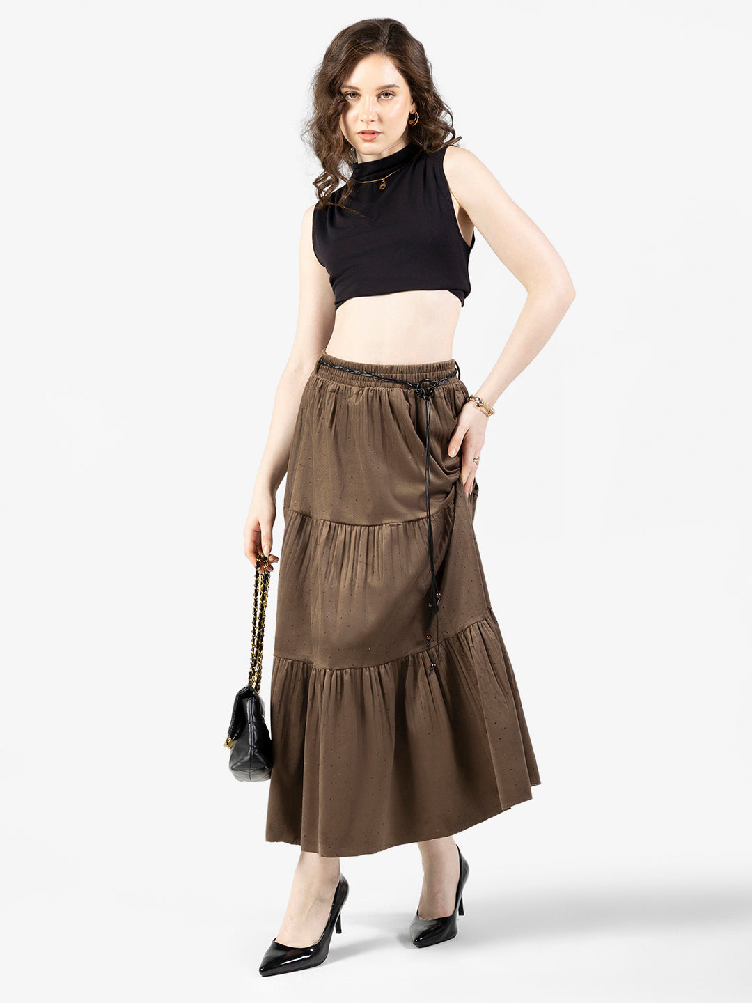 Women's Tiered Olive Skirt with Belt