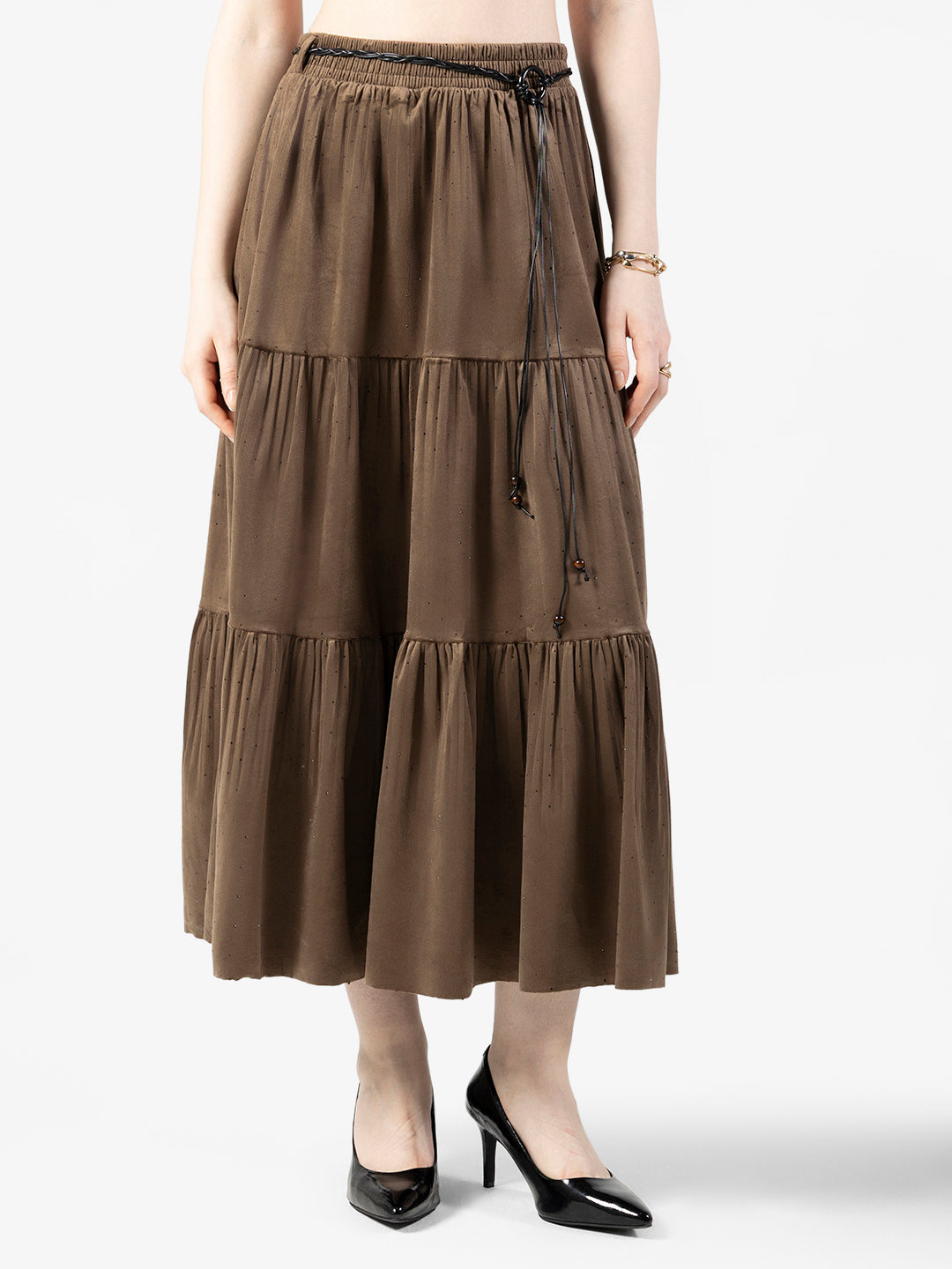 Women's Tiered Olive Skirt with Belt