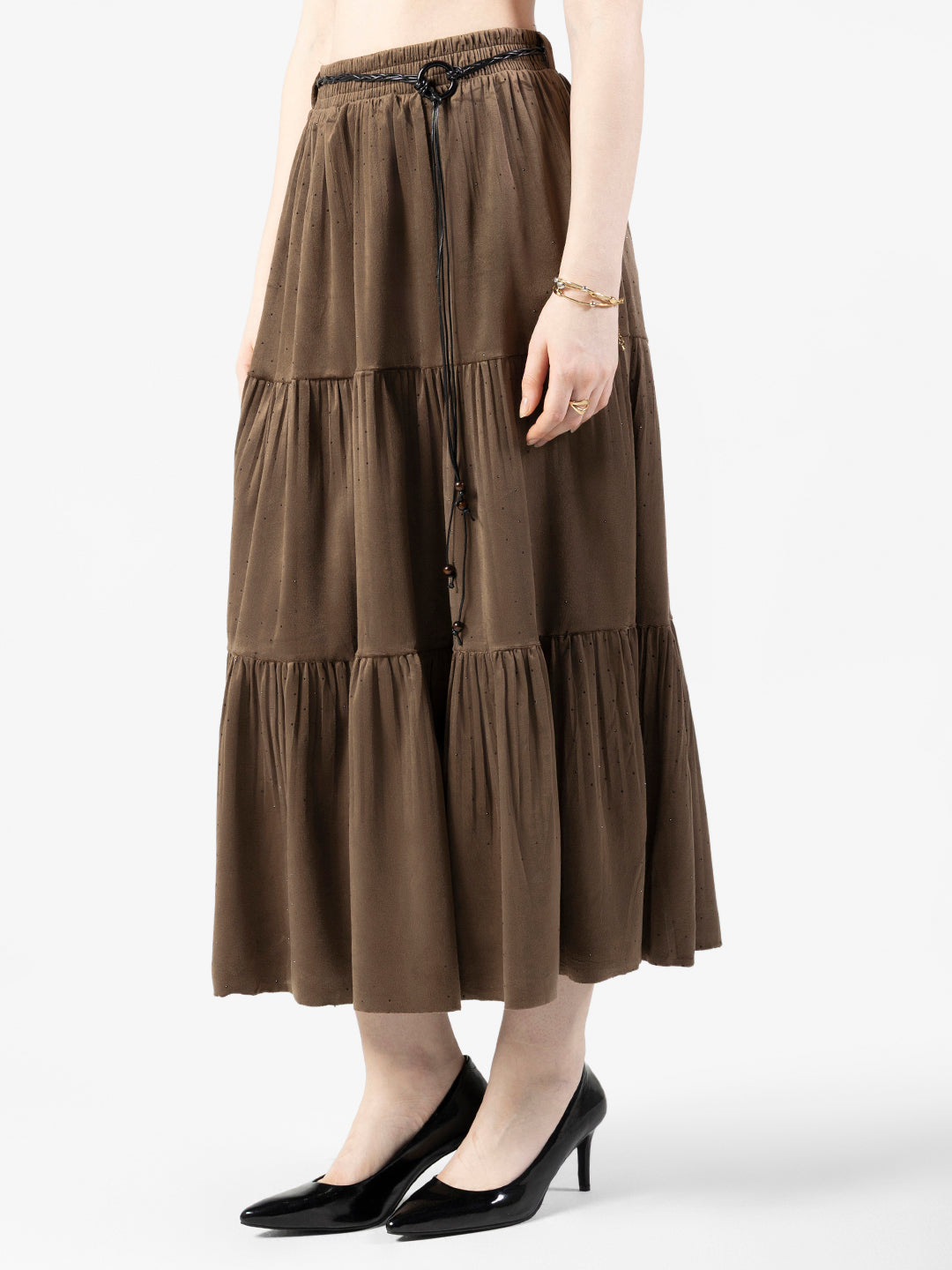 Women's Tiered Olive Skirt with Belt