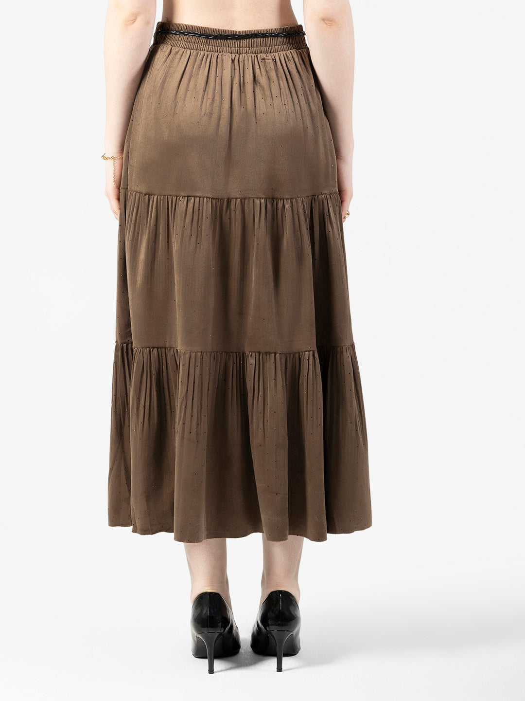 Women's Tiered Olive Skirt with Belt