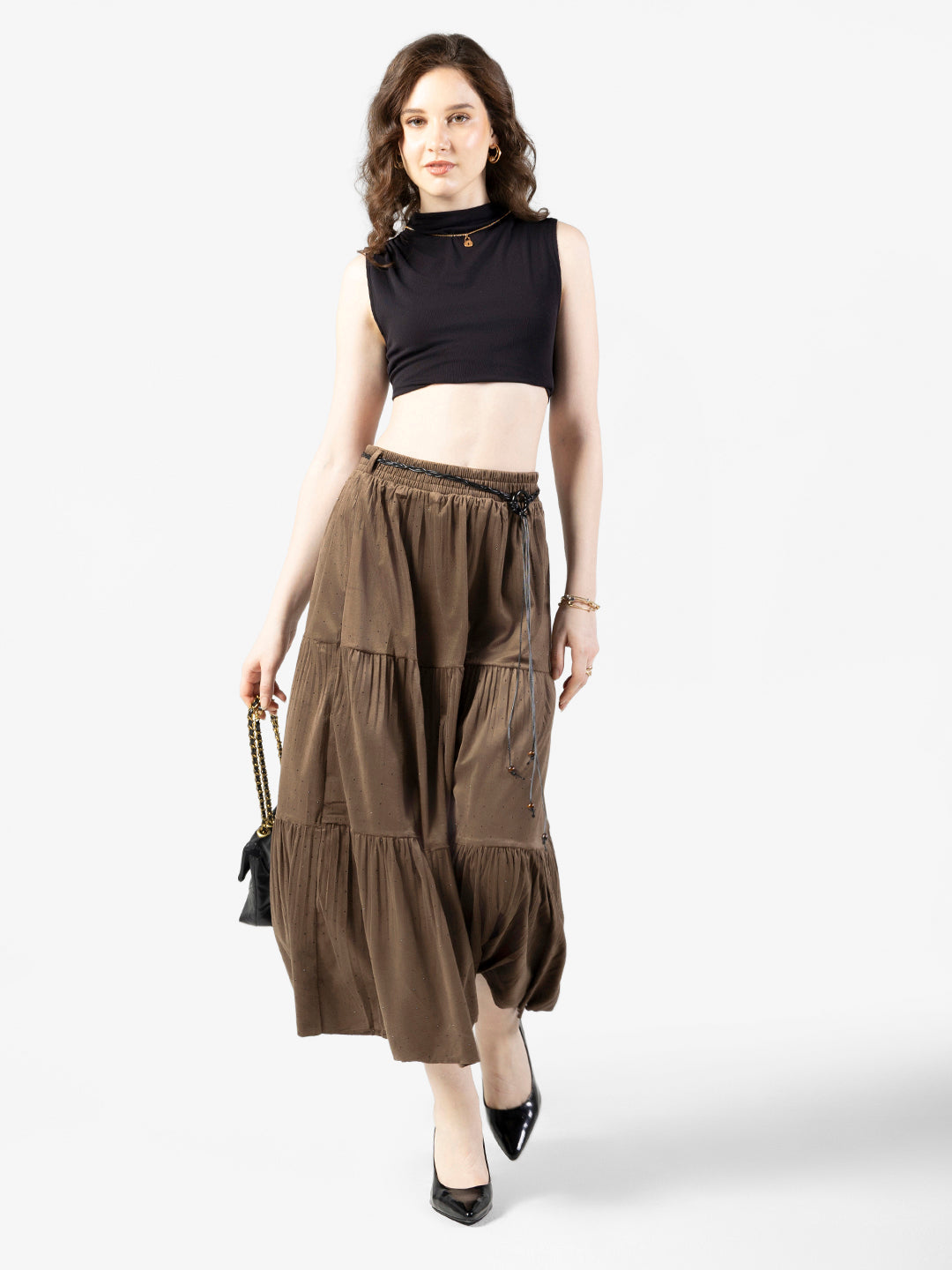 Women's Tiered Olive Skirt with Belt