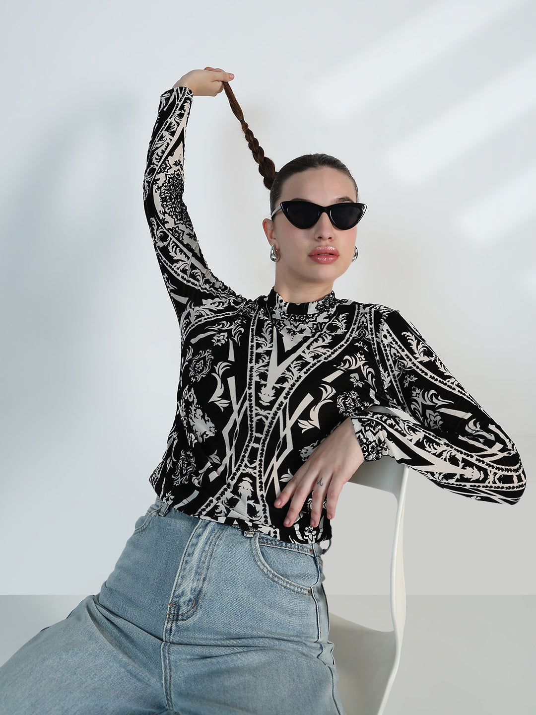 Women's Printed Black Mesh Crop Top