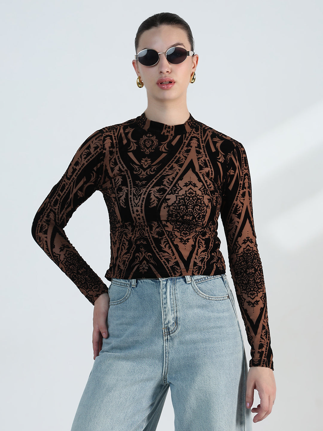 Women's Printed Brown Mesh Crop Top