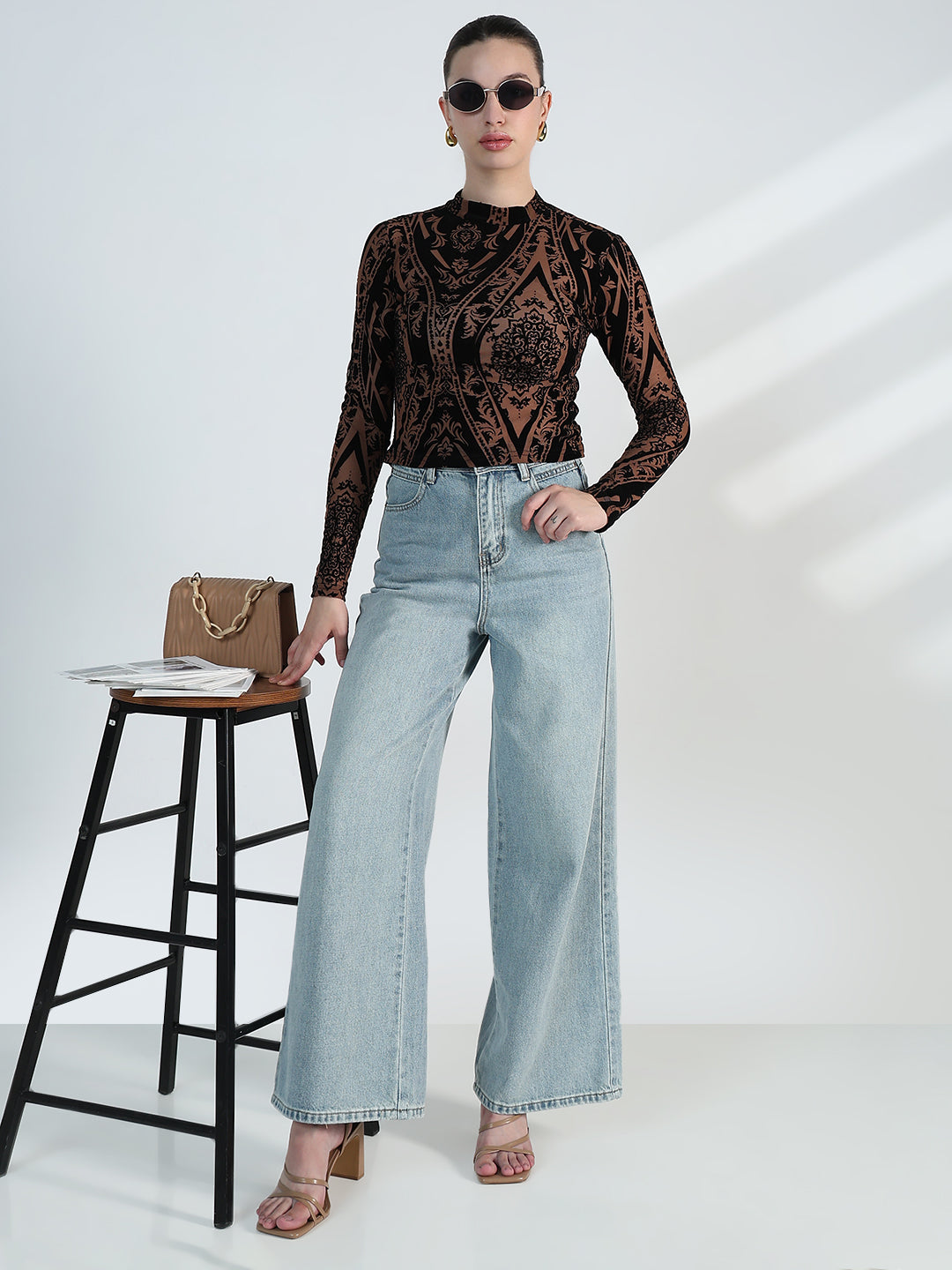 Women's Printed Brown Mesh Crop Top