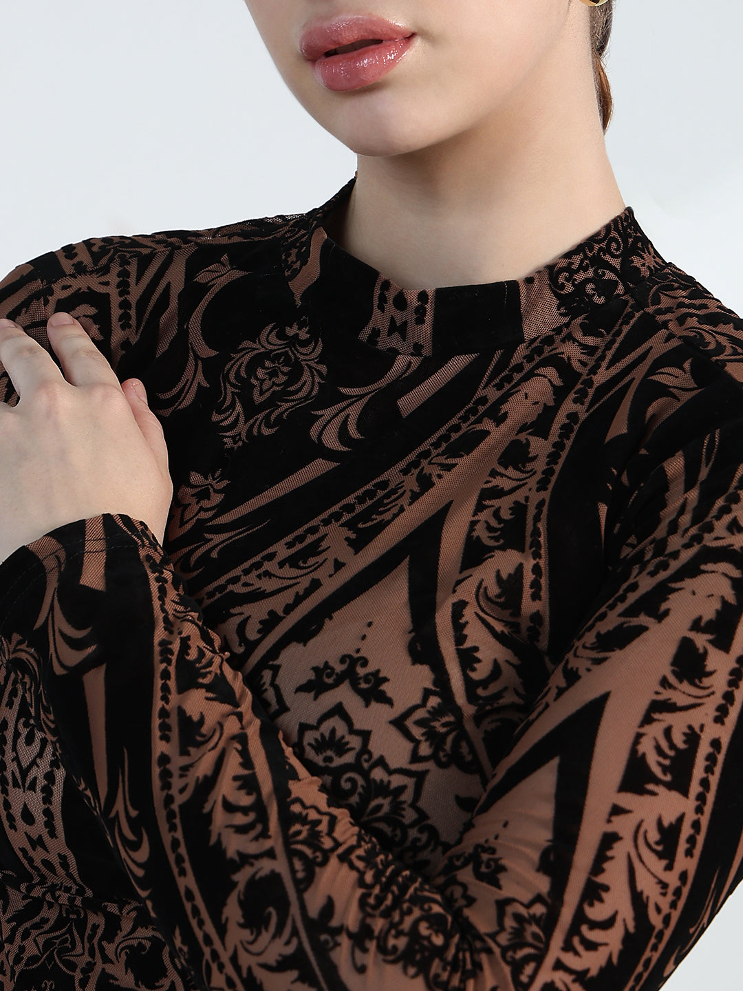 Women's Printed Brown Mesh Crop Top