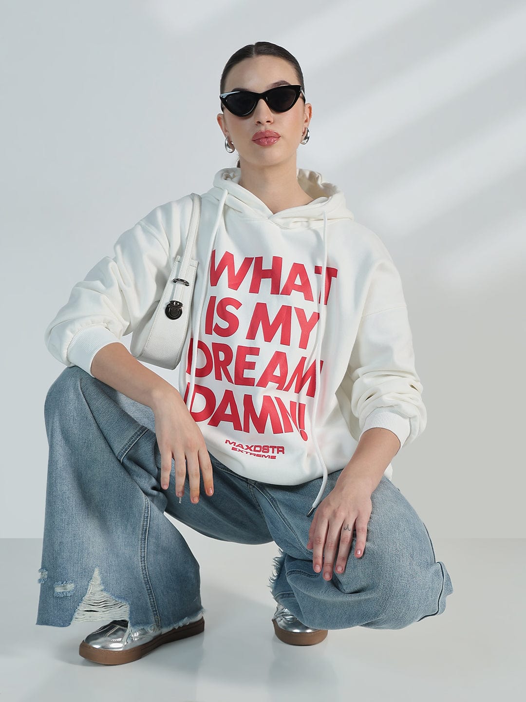 Women's Typography White Oversized Hoodie